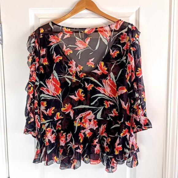 Diane Von Furstenberg Benedetta Tulip Sheer Floral Ruffle Silk Top - Picture 3 of 6